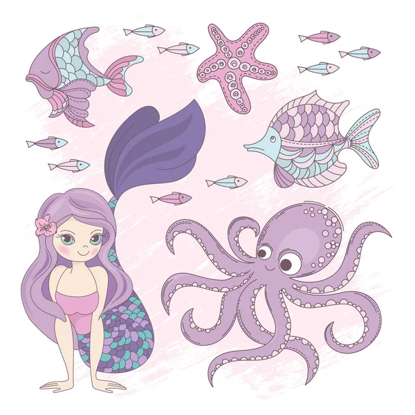 Ocean Sirène Princesse Cartoon Mer Été Croisière Tropicale Vecteur Vacances — Image vectorielle