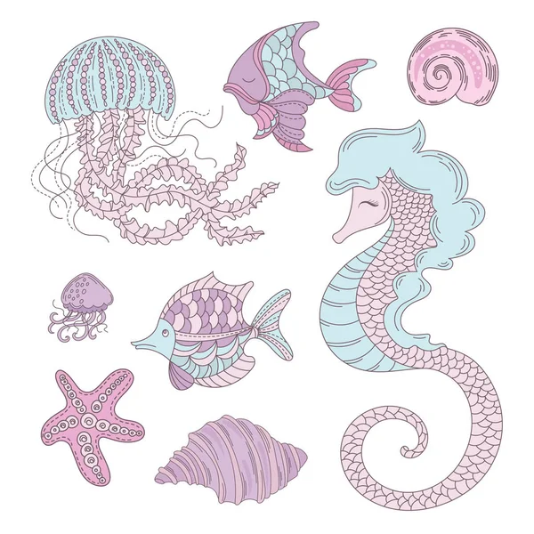 SEA ANIMALS Underwater Cartoon Ocean Summer Tropical Cruise Vacation Vector Illustration Set for Print Fabric and Decoration