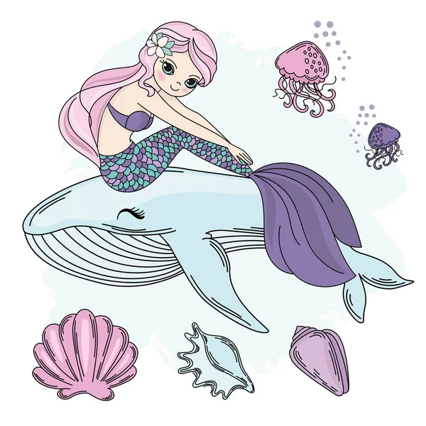 Mermaid Walk Princess Sea Underwater Cartoon Ocean Summer Tropical Travel — Vettoriale Stock