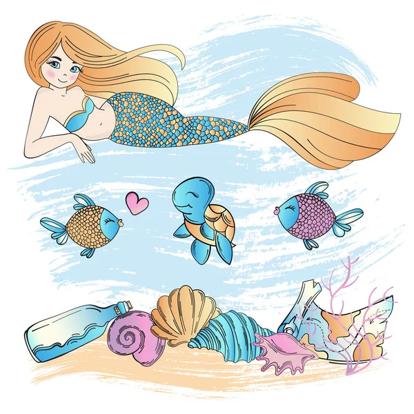 Marine Life Mermaid Underwater Cartoon Ocean Summer Tropical Cruise Set — Vettoriale Stock