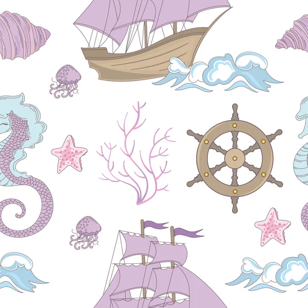 DREAM SHIP Ocean Sea Vacation Travel Cruise Tropical Summer Seamless Pattern Vector Illustration for Print Fabric and Digital Paper