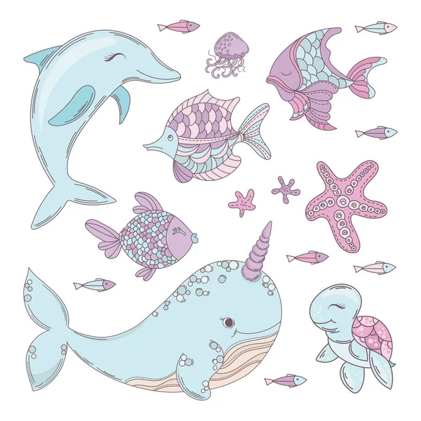 OCEAN ANIMALS Underwater Cartoon Sea Summer Tropical Cruise Vacation Vector Illustration Set for Print Fabric and Decoration