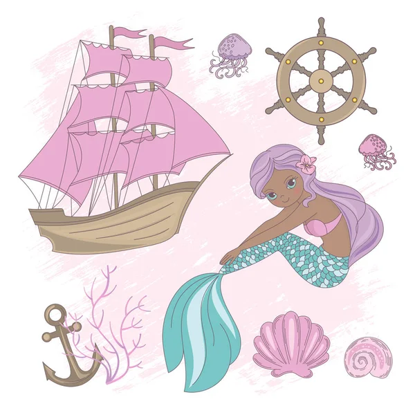 Ship Mermaid Girl Princess Cartoon Sea Ocean Summer Tropical Cruise — Stock Vector