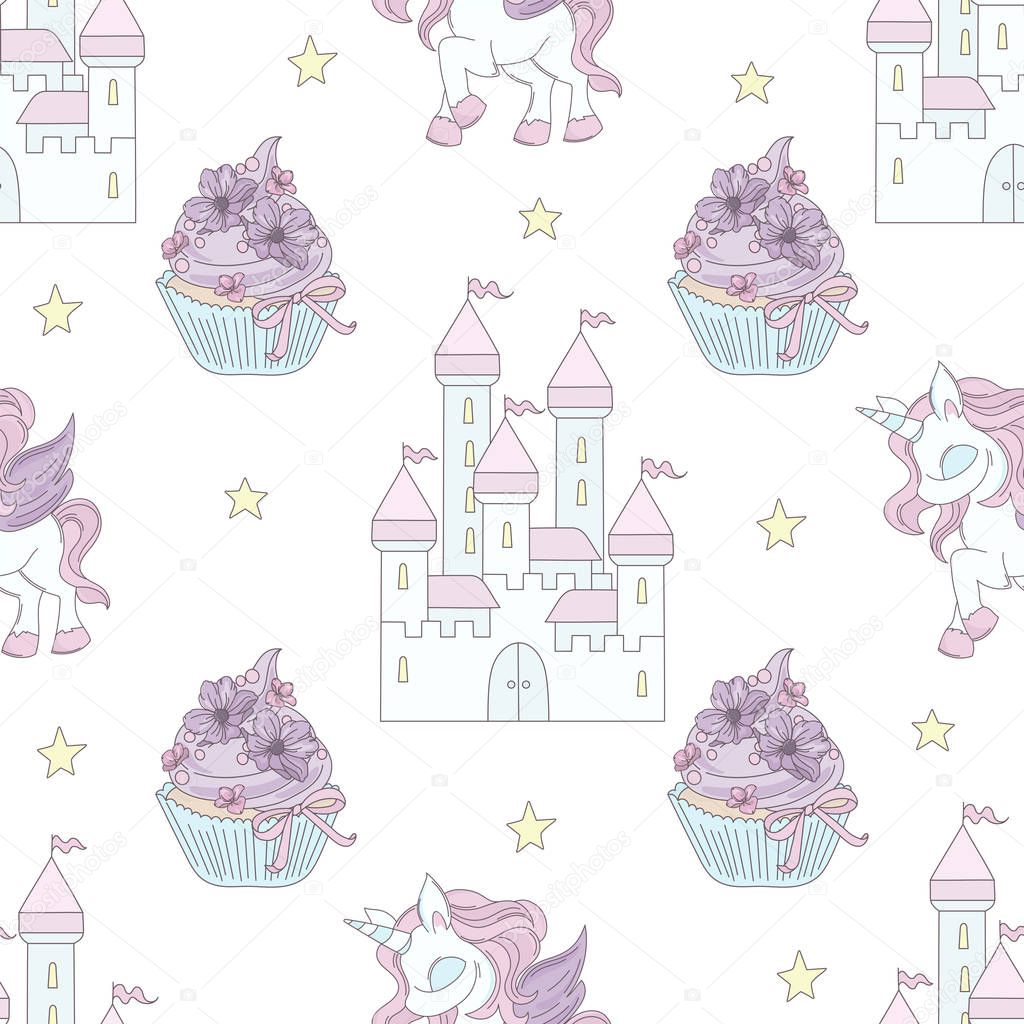 UNICORN CASTLE Fairy Tale Magical Cartoon Seamless Pattern Vector Illustration for Print Fabric and Decoration
