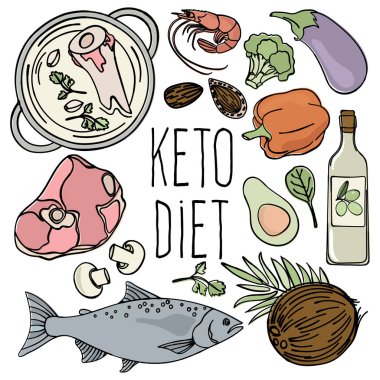 Keto Diyet Sağlıklı Gıda Düşük Karbonhidrat Diyet Organik Doğru Beslenme Vektör İllüstrasyon Baskı Kumaş ve Dekorasyon için Set
