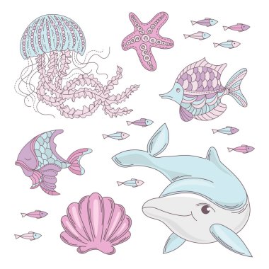 Aqua Dünya Sualtı Denizi Okyanus Hayvan Karikatür Yaz Tropikal Cruise Tatil Vektör Çizim Seti Baskı Kumaş ve Dekorasyon için