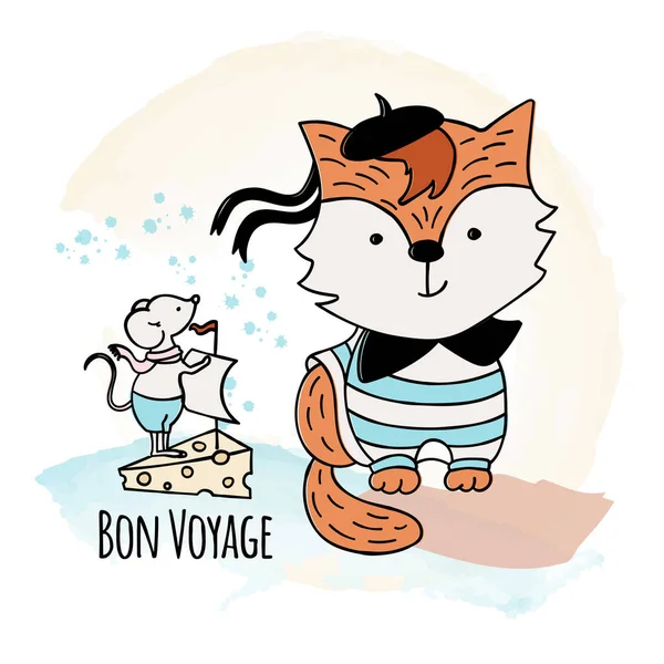 Cat Mouse Cartoon Forest Funny Animal Vector Illustration Set Para —  Vetores de Stock