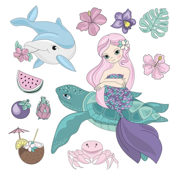 FLYING MERMAID Princess Sea Animals Underwater Cartoon Ocean Summer Tropical Travel Cruise Vacation Vector Illustration Set for Print Fabric and Decoration