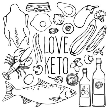 Love Ketogenic Sağlıklı Gıda Düşük Karbonhidrat Diyet Organik Uygun Beslenme Vektör İllüstrasyon Baskı Kumaş ve Dekorasyon için Set