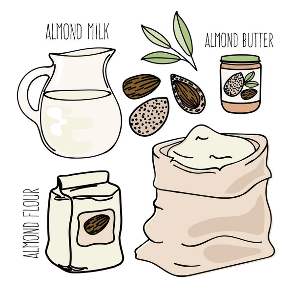 Almond Food Vegetariano Paleo Keto Dieta Natural Nutrición Apropiada Juego — Vector de stock