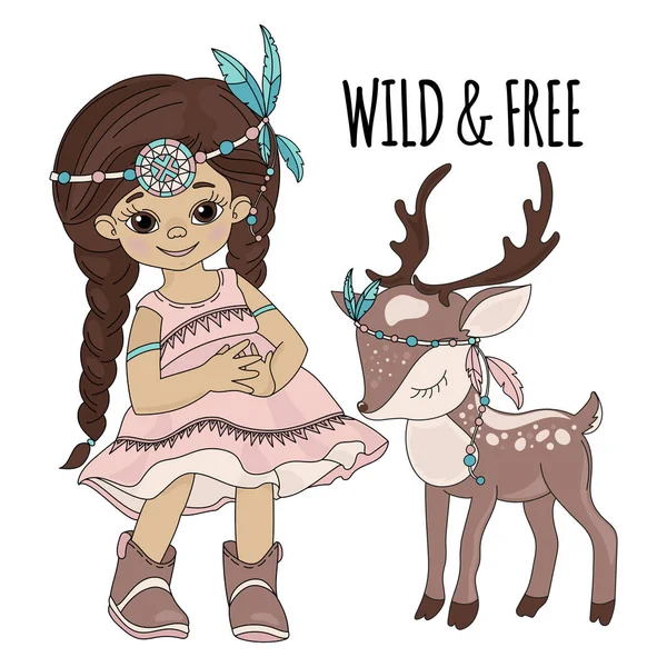 Wild Freedom Pocahontas Indian Princess American Native Red Skinned Deer — Stock vektor