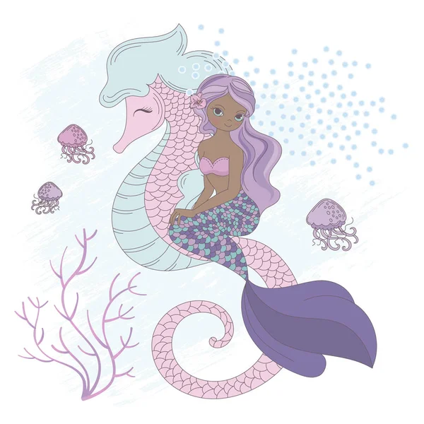 Sea Friend Mermaid Princess Underwater Horse Animal Cartoon Ocean Summer — Stock Vector