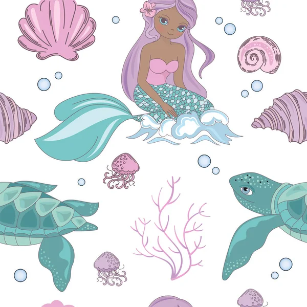 Sea Wave Mermaid Princess Girl Underwater Tropical Sea Ocean Travel — Vetor de Stock