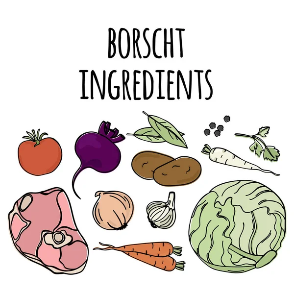 Borscht Ingredients National Russian Cuisine Traditional Soup Food Vector Illustration - Stok Vektor