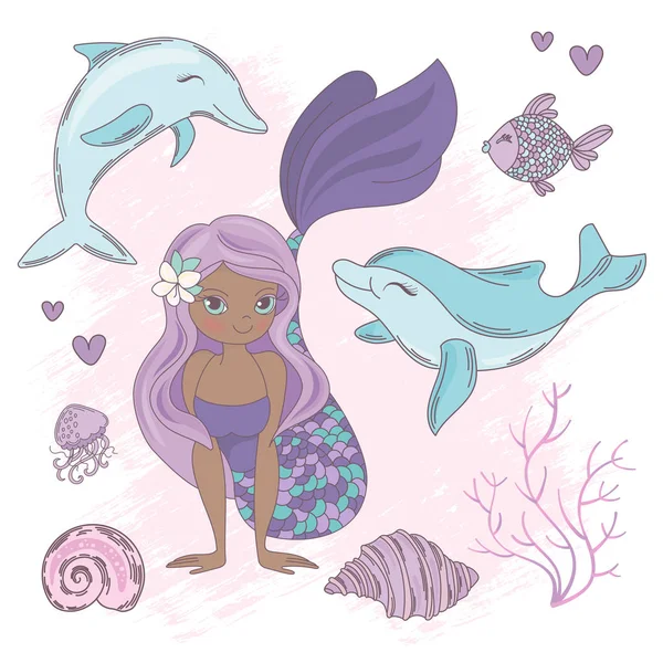Dolphin Kiss Mermaid Princess Sea Animals Underwater Cartoon Ocean Summer — Stock Vector