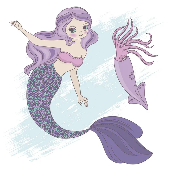 Tintenfisch Meerjungfrau Prinzessin Meerestiere Unterwasser Cartoon Ozean Sommer Tropische Reise — Stockvektor