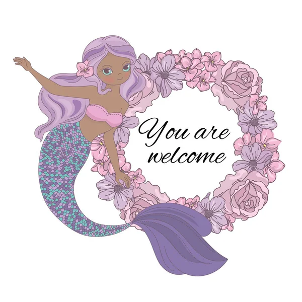 Mermaid Bienvenue Guirlande Princesse Mer Florale Dessin Animé Été Tropical — Image vectorielle