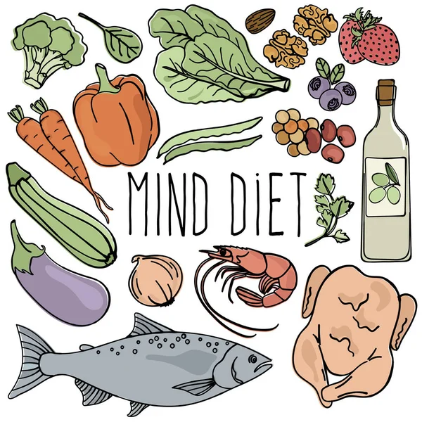 Umysł Dieta Zdrowe Odżywianie Mózg Food Organic Właściwego Vector Ilustracja — Wektor stockowy