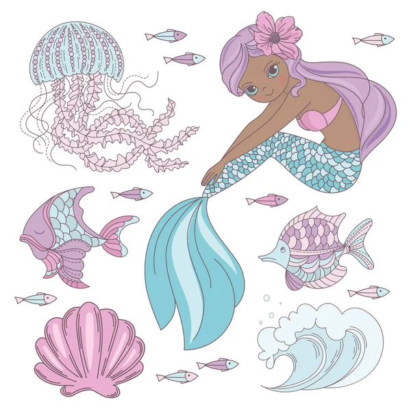 Mermaid Look Princesa Mar Animal Dibujos Animados Océano Verano Tropical — Vector de stock