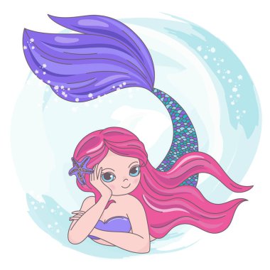 Kırmızı Denizkızı Karikatür Sualtı Denizi Okyanus Cruise Seyahat Tropikal Vektör İllüstrasyon Baskı Kumaş ve Dekorasyon için Set