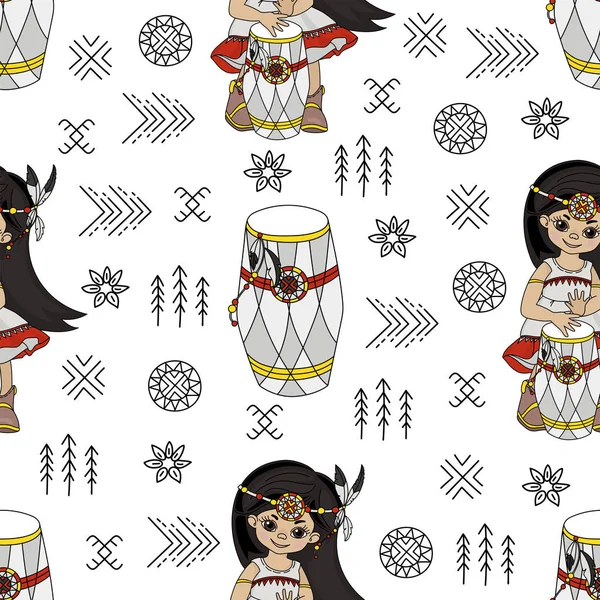 Pocahontas Rhythm Americkej Folk Národnostní Kultura Bezešvé Vzory Vektor Ilustrace — Stockový vektor