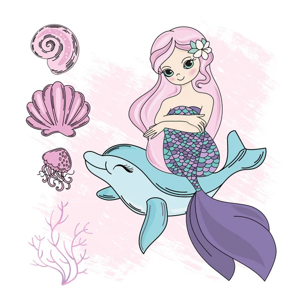 Mermaid Dolphin Cartoon Subaquático Sea Ocean Cruise Travel Conjunto Ilustrações —  Vetores de Stock