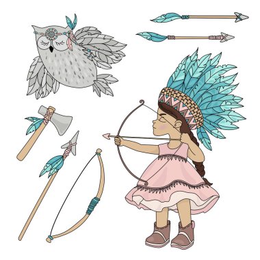POCAHONTAS OWL American Native Red Skinned Indian Princess Vector Illustration Set for Print Fabric and Decoration clipart