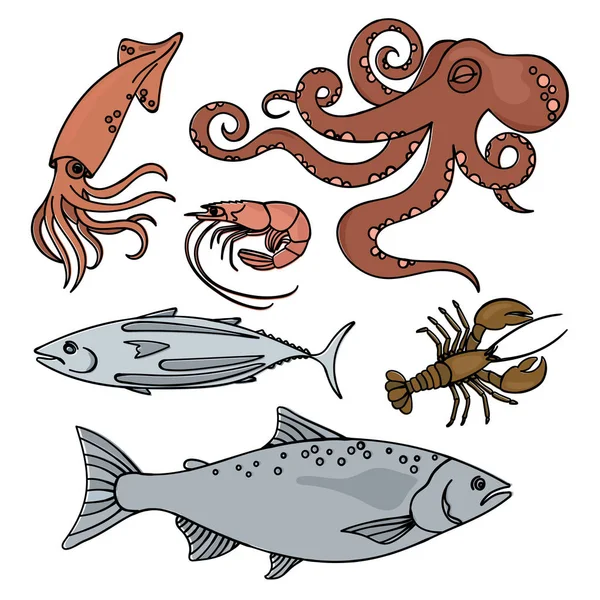 Ocean Life Sea Animals Natural Healthy Seafood Keto Paleo Diet - Stok Vektor