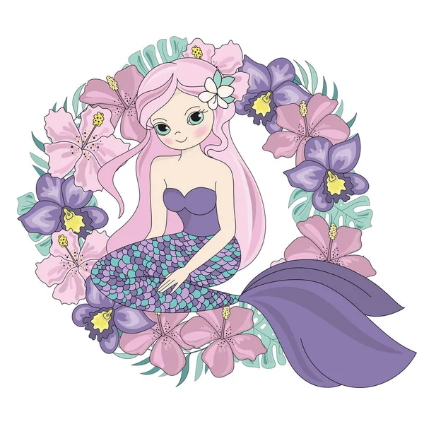 Mermaid Wianek Kwiatowy Morze Księżniczka Kreskówka Tropikalne Lato Kwiat Wektor — Wektor stockowy