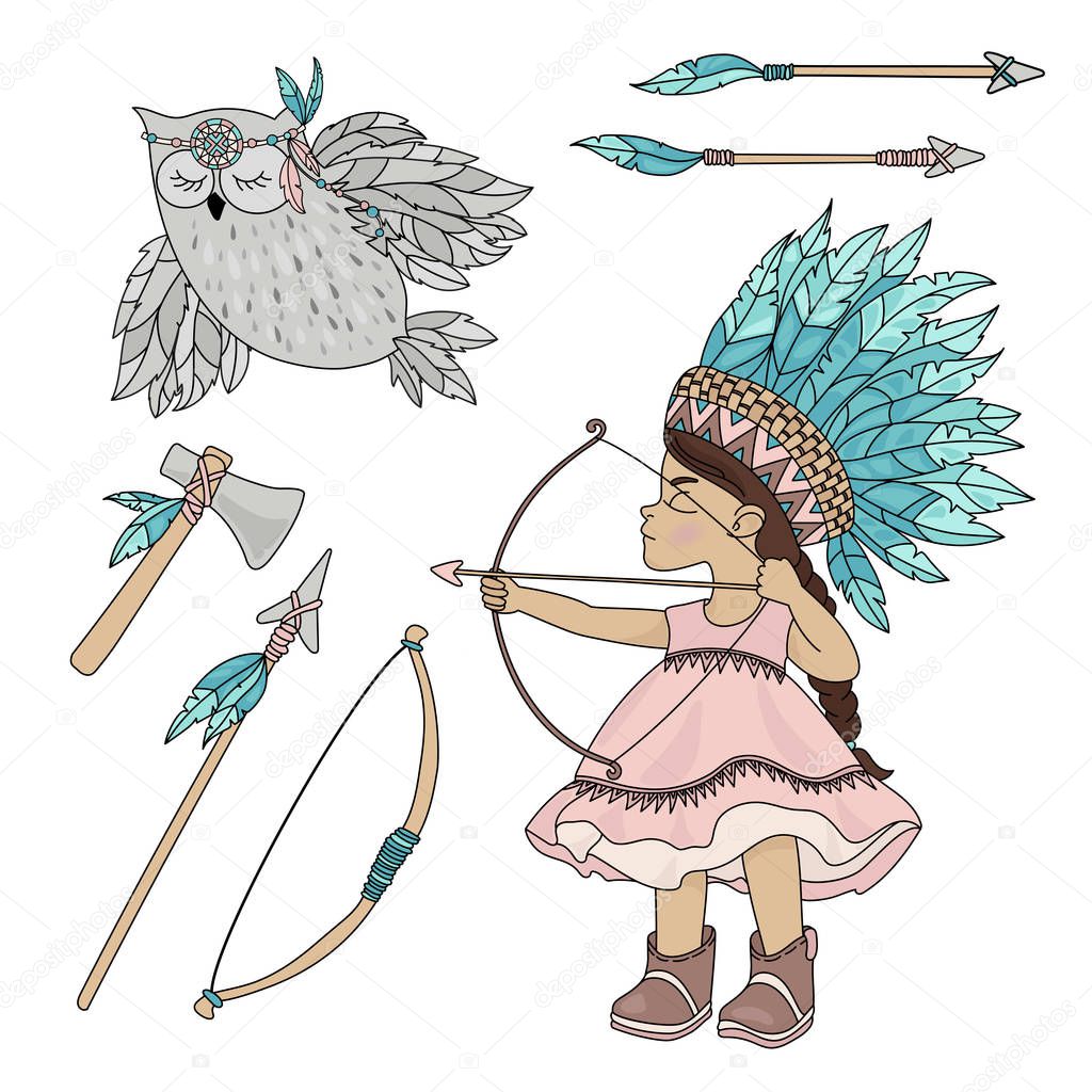 POCAHONTAS OWL American Native Red Skinned Indian Princess Vector Illustration Set for Print Fabric and Decoration