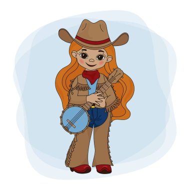 Cowgirl Banjo Amerikan Cowboy Western Müzik Festivali Vektör İllüstrasyon Baskı Kumaş ve Dekorasyon için Set