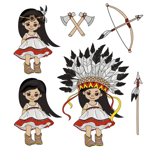 Pocahontas Prázdniny Americká Rodová Princezna Ilustrace Sada Pro Tisk Fabric — Stockový vektor