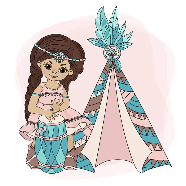 Dívka Wigwam Americká Roda Pocahontas Indická Princezna Home Vector Ilustrace — Stockový vektor
