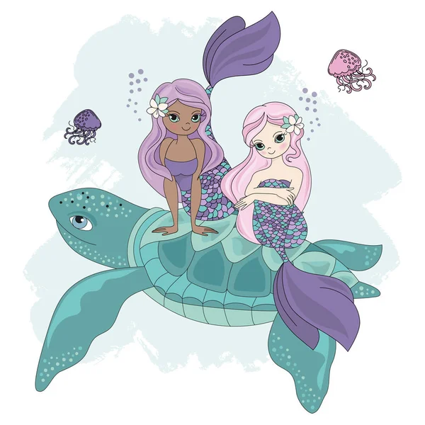 Dessin Animé Mermaid Turtle Croisière Sous Marine Voyage Mer Illustration — Image vectorielle
