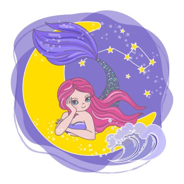 Moon Mermaid Uzay Karikatür Cosmos Galaktik Evren Prenses Yolculuk Vektör İllüstrasyon Baskı Kumaş ve Dekorasyon için Set