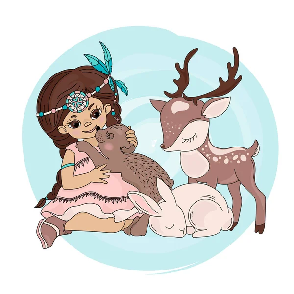 Bär Kuss Pocahontas Indianer Prinzessin Tiere Amerikanisch Eingeborene Haustiere Vektor — Stockvektor
