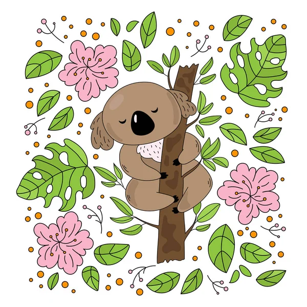 Koala Trädgård Australiska Djur Bära Tecknad Blomma Saga Natur Illustration — Stock vektor