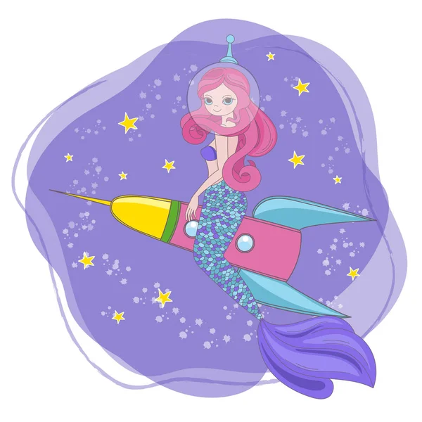 Traveling Mermaid Space Cartoon Cosmos Galactic Universe Princess Journey Vector — Stock Vector