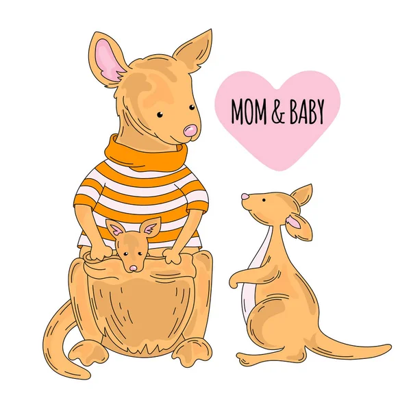 Kangaroo Bebé Australian Animal Cartoon Fairy Tale Nature Illustration Set — Archivo Imágenes Vectoriales