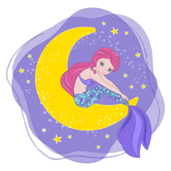 美人鱼月亮空间卡通宇宙银河宇宙公主之旅旅行矢量插图集印刷织物和装饰 — 图库矢量图片