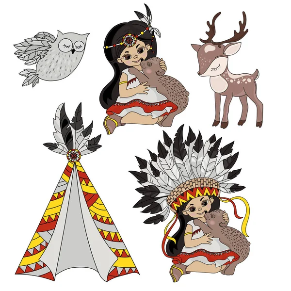 Pocahontas Leben Amerikanische Indianer Prinzessinnen Tiere Vektorillustration Set Für Stoff — Stockvektor