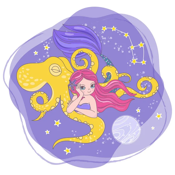 月亮章鱼美人鱼空间卡通宇宙银河宇宙公主之旅旅行矢量插图集印刷织物和装饰 — 图库矢量图片