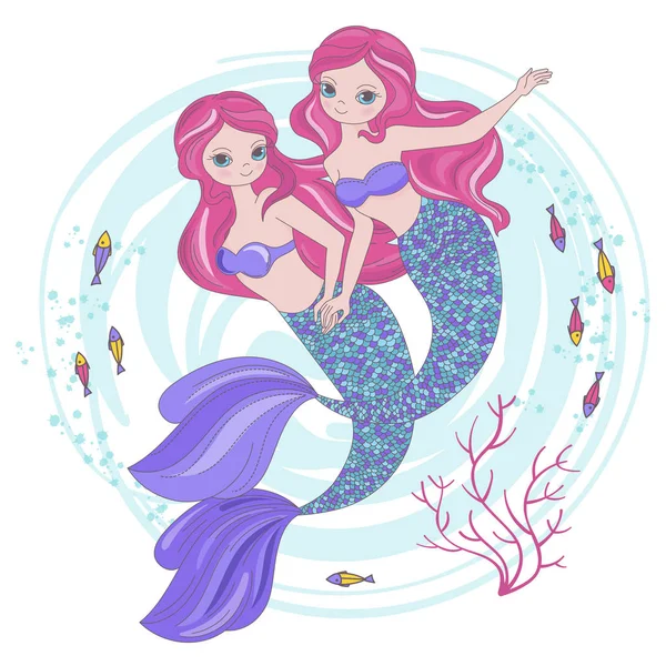 Mermaid Sisters Dessin Animé Croisière Sous Marine Voyage Tropical Princesse — Image vectorielle