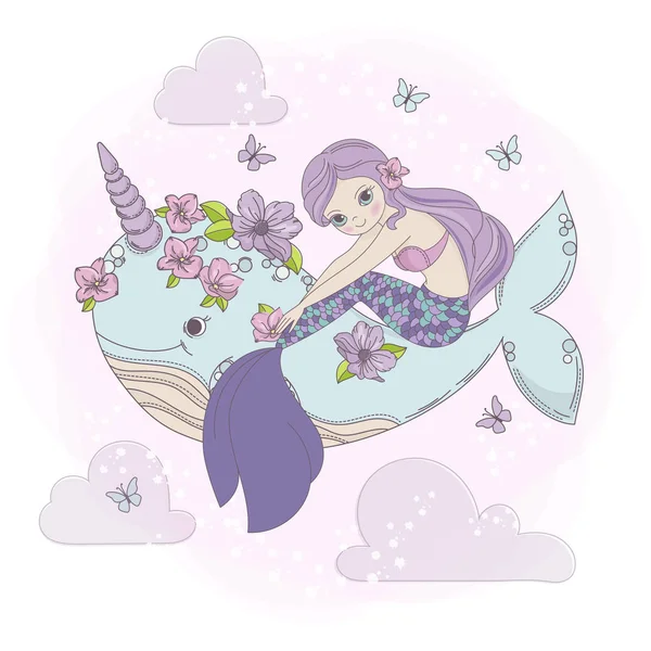 Sky Mermaid Sea Princess Dream Cartoon Animal Whale Summer Tropical — Image vectorielle