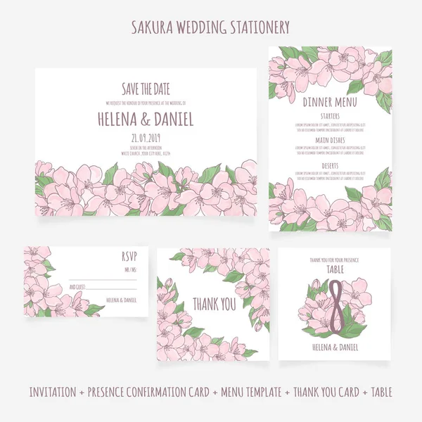 Wedding Stationery Plantilla Diseño Floral Vector Illustration Set Print Invitación — Vector de stock