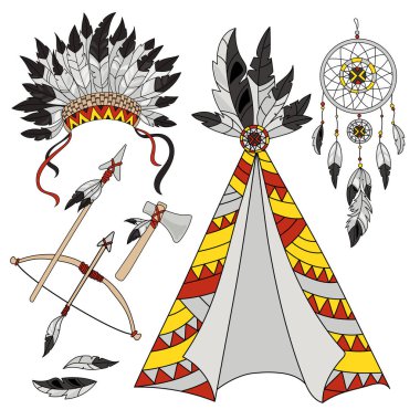 POCAHONTAS WORLD Cartoon American Native Indians Princess Attributes Vector Illustration Set for Print Fabric and Decoration clipart