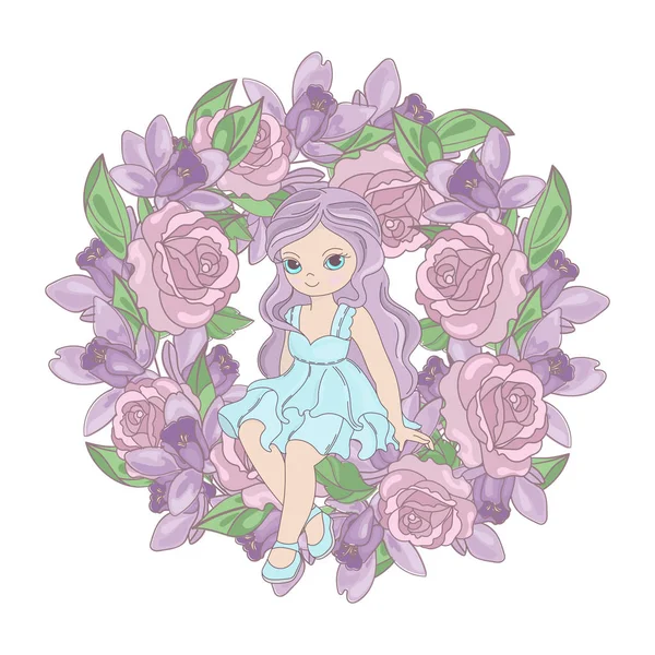 Růžová Princezna Květinová Květinka Kreslená Oslava Svatebního Obřadu Ilustrace Sada — Stockový vektor