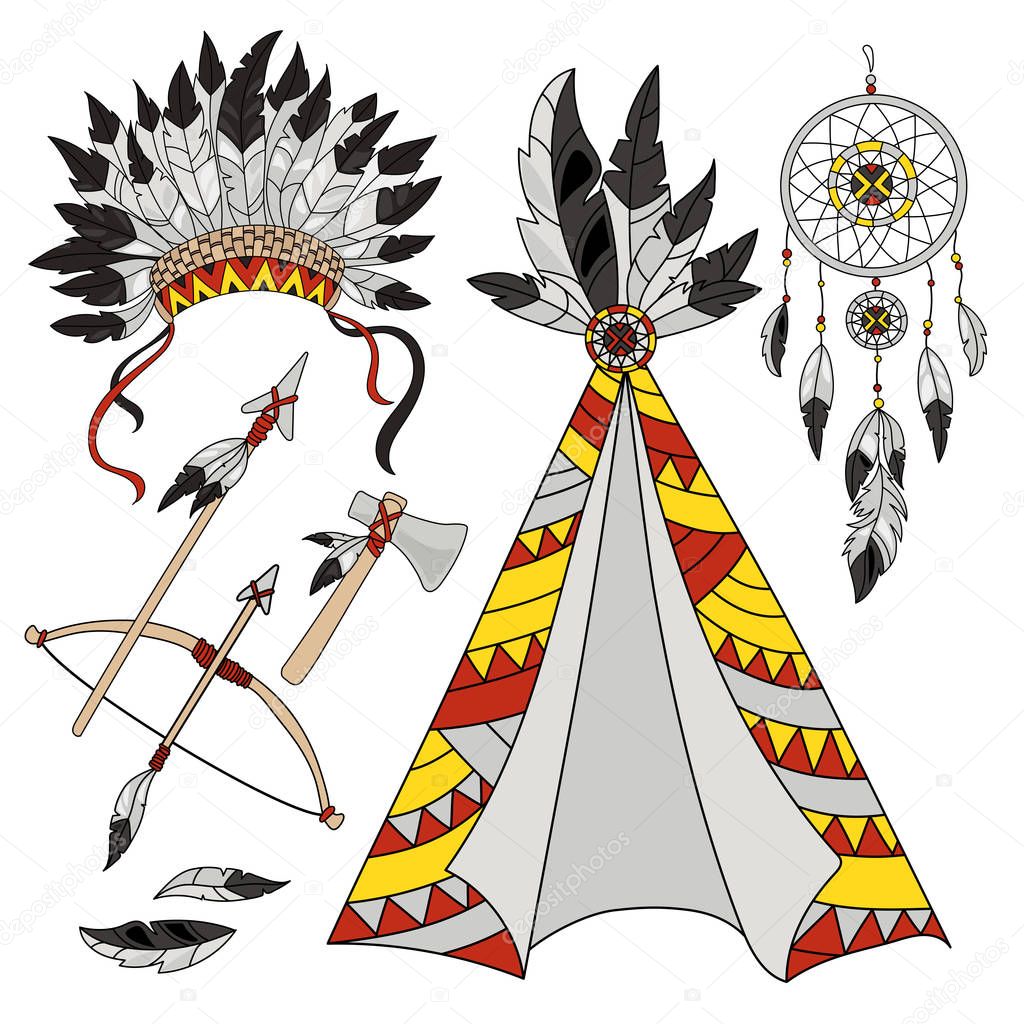POCAHONTAS WORLD Cartoon American Native Indians Princess Attributes Vector Illustration Set for Print Fabric and Decoration