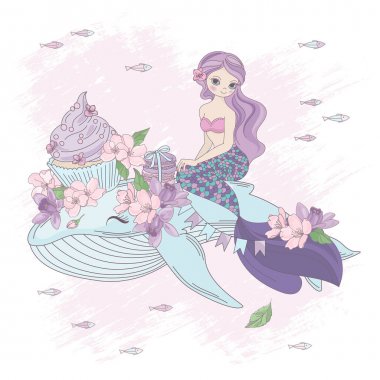Sweet Mermaid Çiçek Prenses Hayvan Balina Partisi Düğün Davetiyesi Tebrikler Tatil Karikatür Vektör İllüstrasyon Baskı Kumaş ve Dekorasyon seti