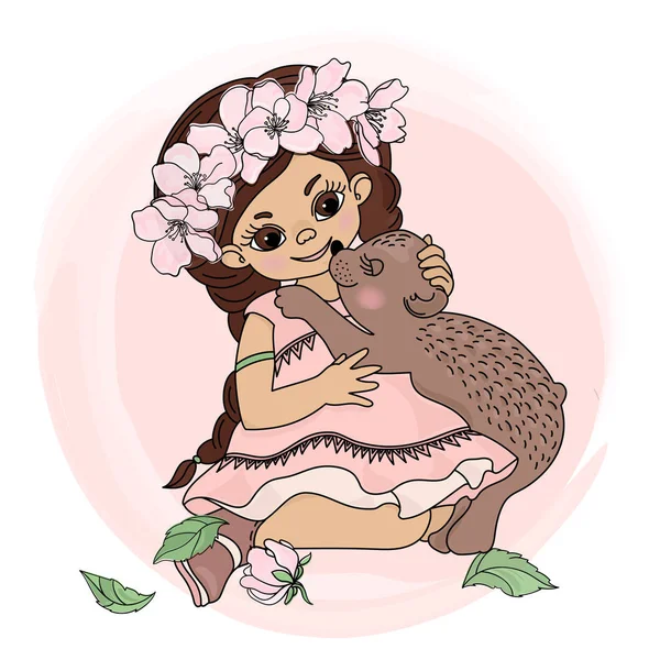 Bär Mädchen Blumen Prinzessin Sakura Kranz Tier Cartoon Urlaub Hochzeit — Stockvektor